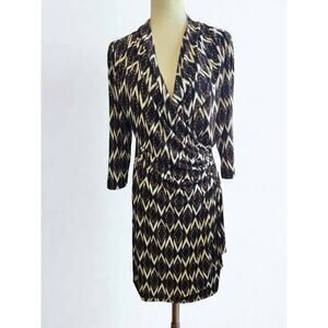 Karen Kane Faux Wrap Dress XL Brown White Ikat Diamond Print 3/4 Sleeve